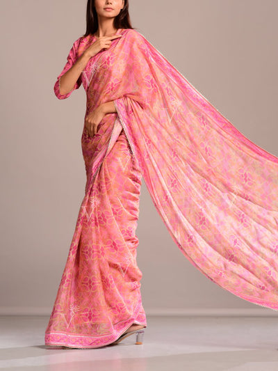 Pink And Peach Printed Crepe Saree