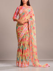 Powder Yellow Floral Printed Crepe Saree