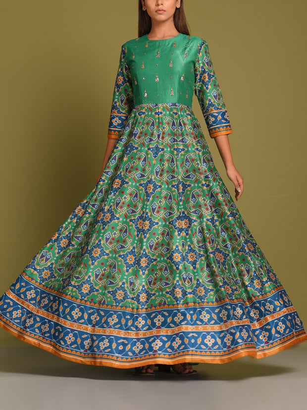 Green Vasansi Silk Patola Anarkali Gown