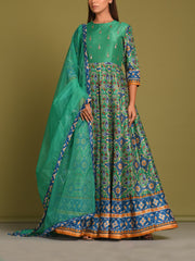 Green Vasansi Silk Patola Anarkali Gown