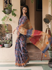 Blue Printed Kota Doria Saree