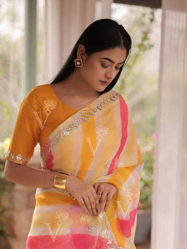 Yellow and Pink Kota Silk Leheriya Gota Patti Saree