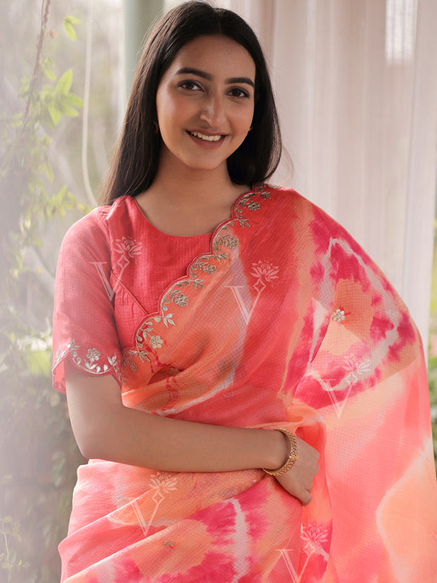 Orange and Pink Tie and Dye Kota Silk Saree