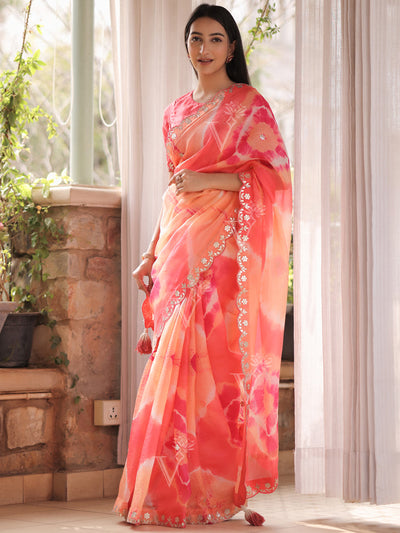 Orange and Pink Tie and Dye Kota Silk Saree