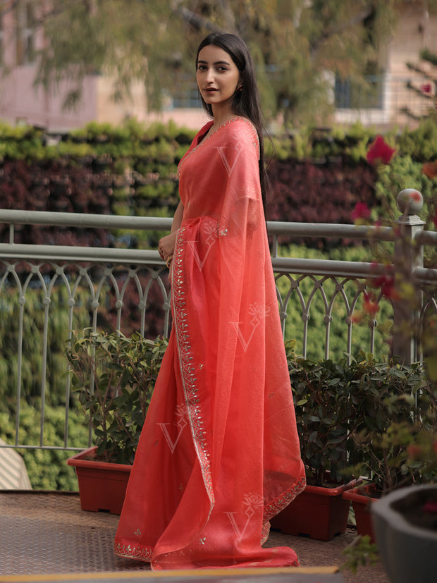 Carrot Red Kota Silk Gotta Patti Saree