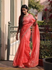 Carrot Red Kota Silk Gotta Patti Saree