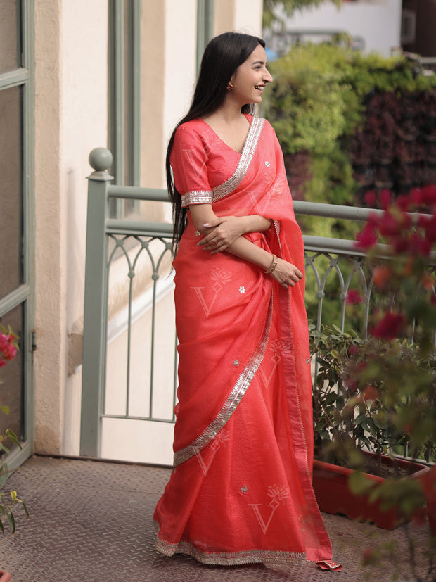 Carrot Red Kota Silk Gotta Patti Saree