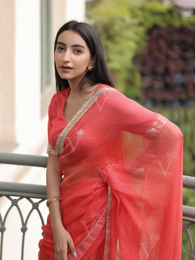 Carrot Red Kota Silk Gotta Patti Saree