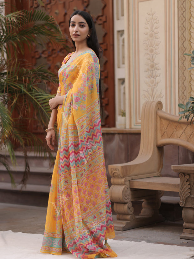 Yellow Kota Doria Printed Saree