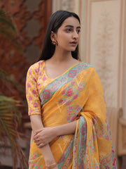 Yellow Kota Doria Printed Saree