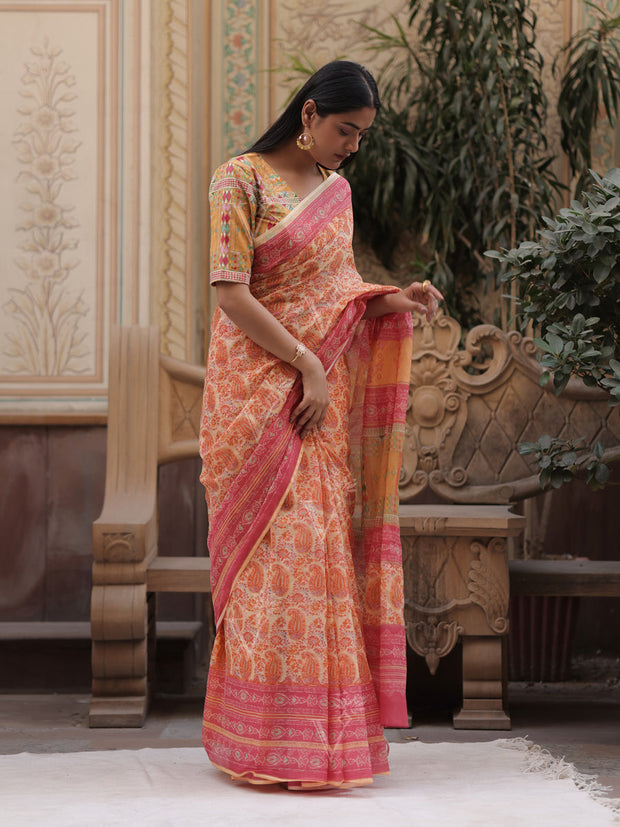 Yellow and Pink Kota Doria Saree