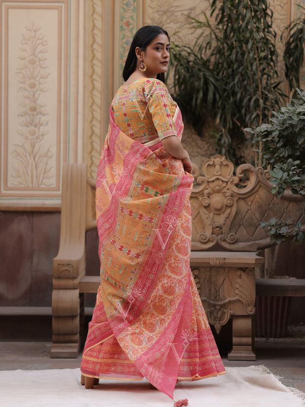 Yellow and Pink Kota Doria Saree