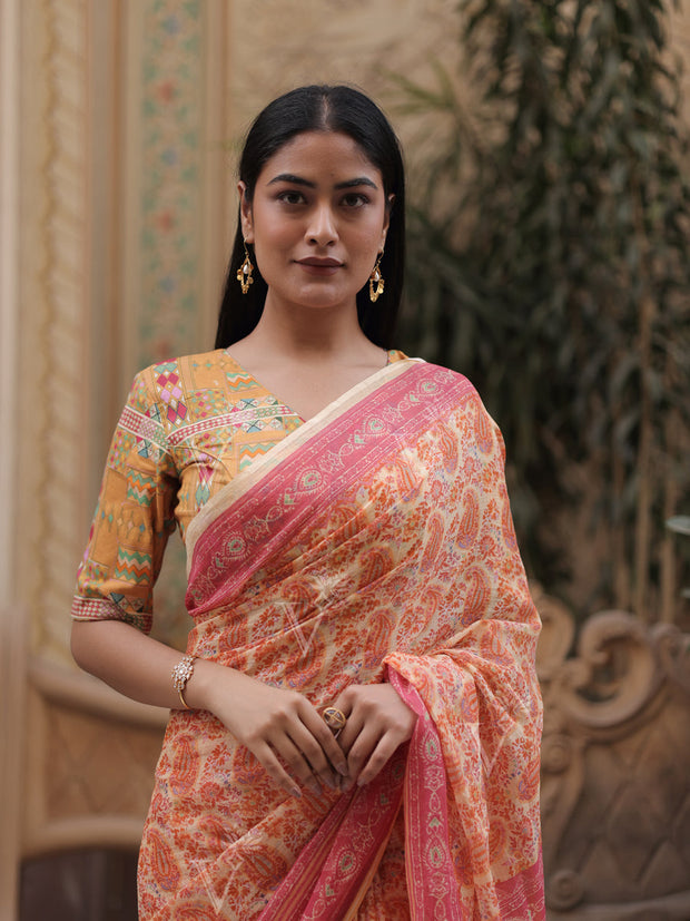 Yellow and Pink Kota Doria Saree