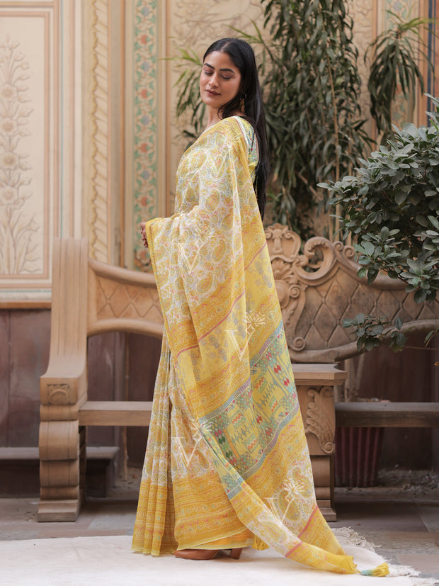 Lime Green Printed Kota Doria Saree