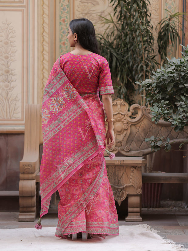 Pink Printed Kota Doria Saree