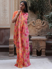 Orange and Pink Printed Chiffon Saree