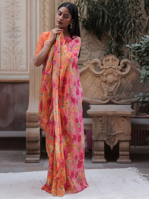 Orange and Pink Printed Chiffon Saree