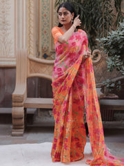 Orange and Pink Printed Chiffon Saree