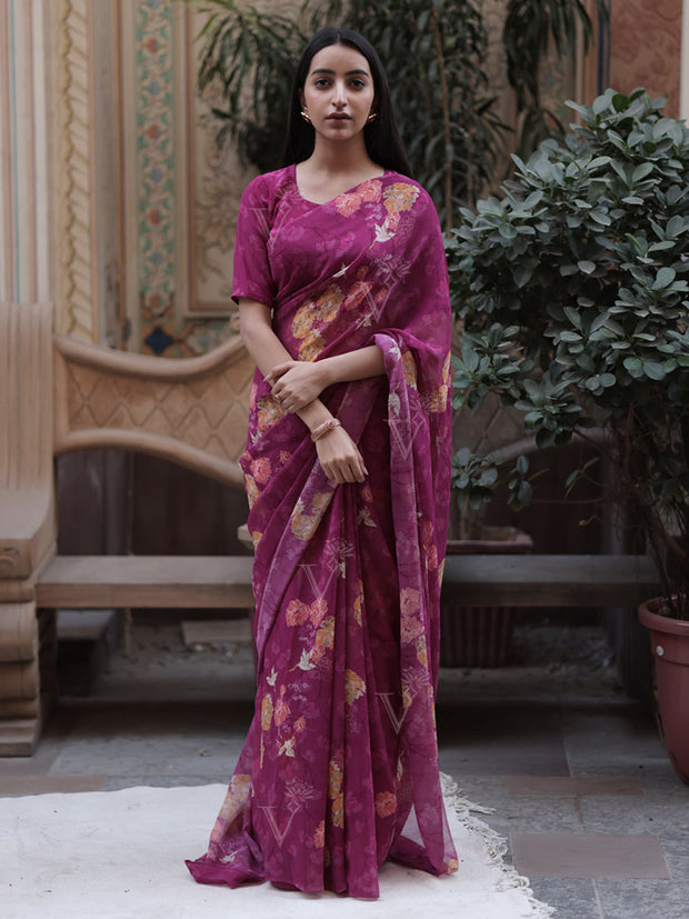 Purple Georgette Printed Saree