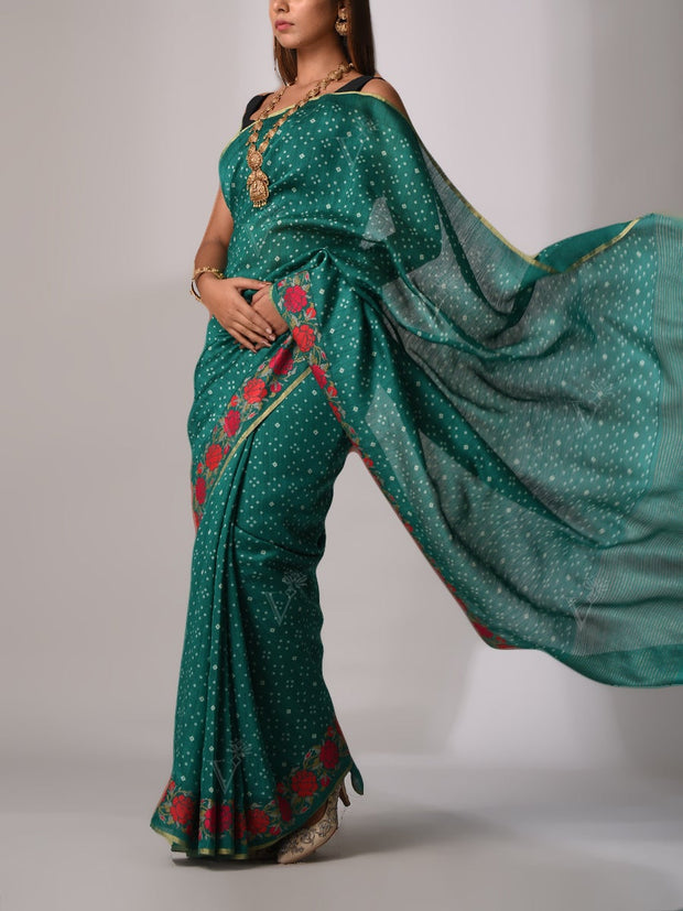 Green Bhandhani Printed Saree