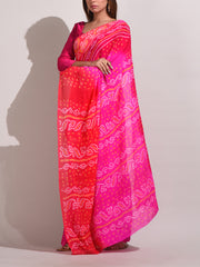 Pink And Red Chinnon Bandhani Saree