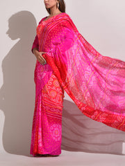 Pink And Red Chinnon Bandhani Saree