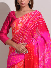 Pink And Red Chinnon Bandhani Saree