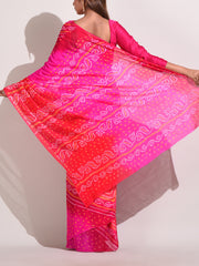 Pink And Red Chinnon Bandhani Saree