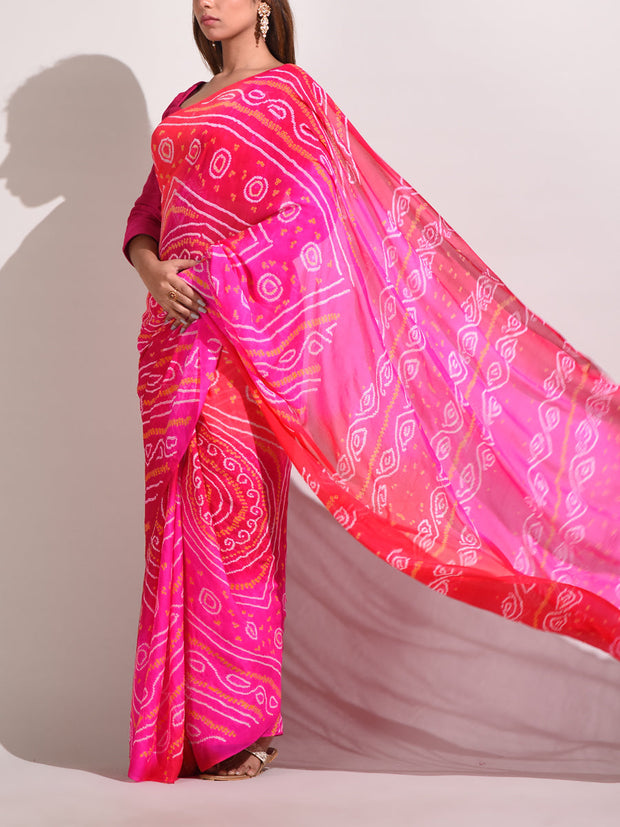 Pink Chinnon Bandhani Saree