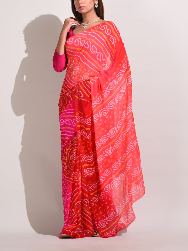 Red Chinnon Bandhani Saree