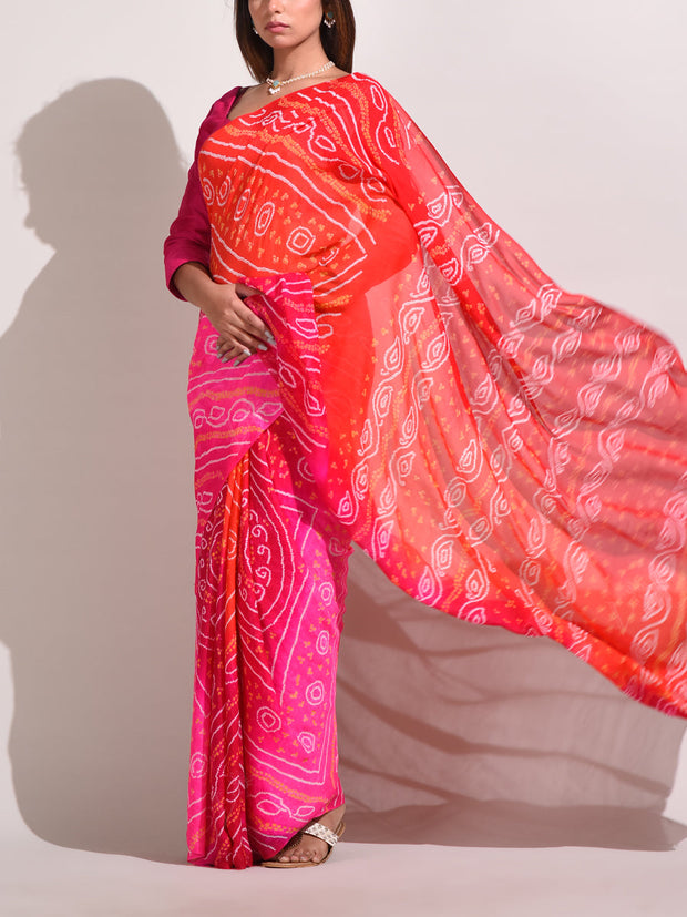 Pink Chinnon Bandhani Saree