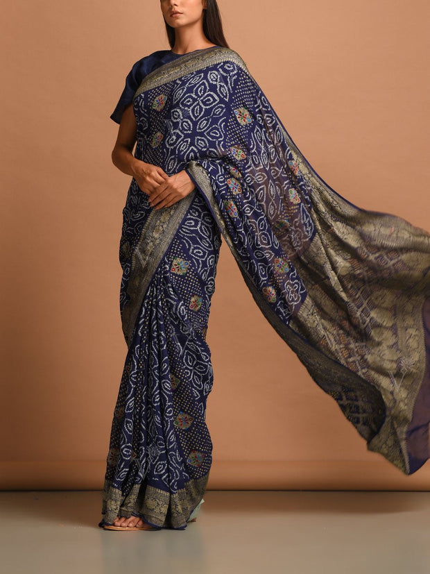 Navy Blue Handloom Pure Georgette Zari Saree