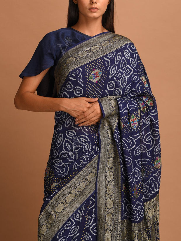 Navy Blue Handloom Pure Georgette Zari Saree