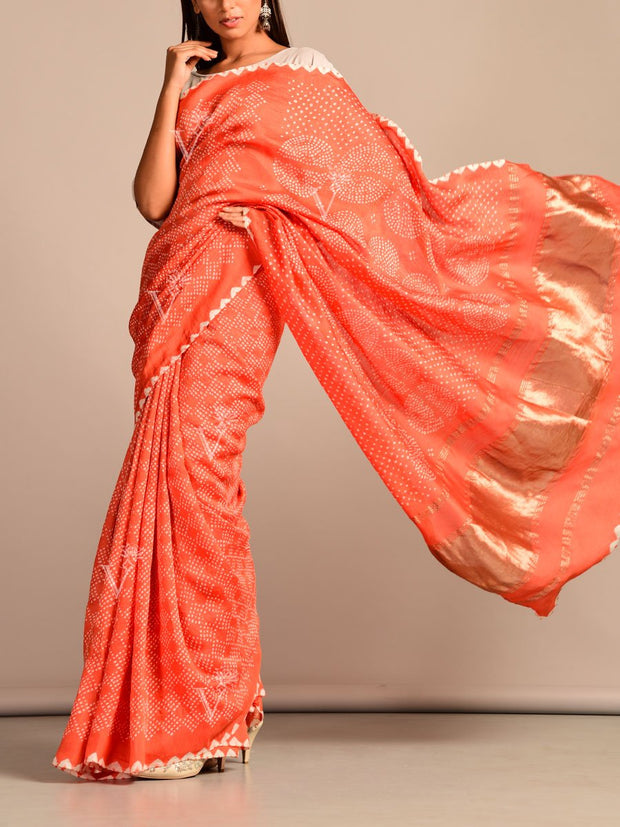 Limited Edition Peach Bandhani Hand Crafted Saree