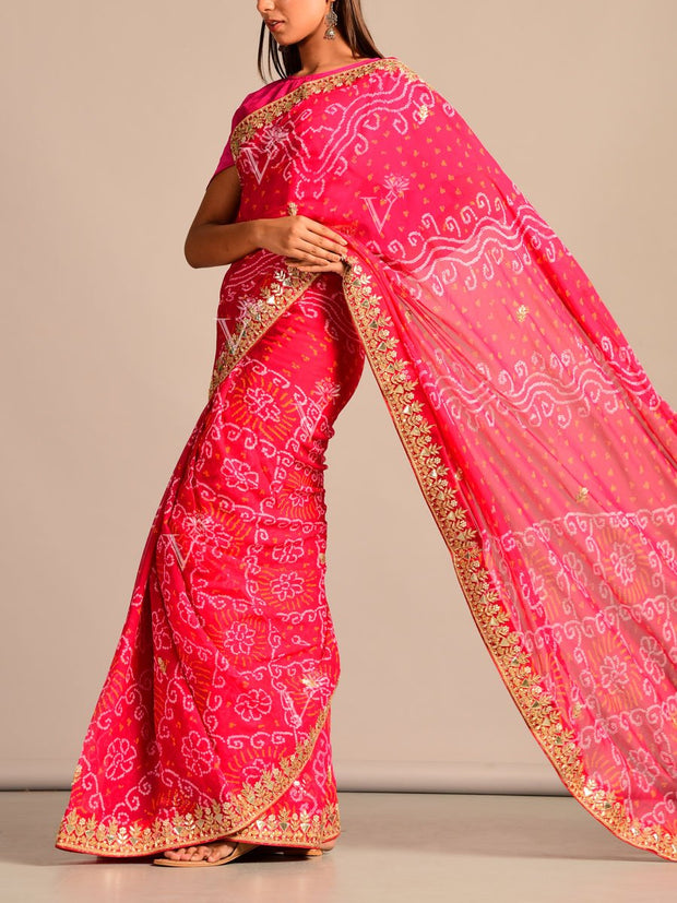 Rani Pink Bandhani Goergette Gota Patti Saree