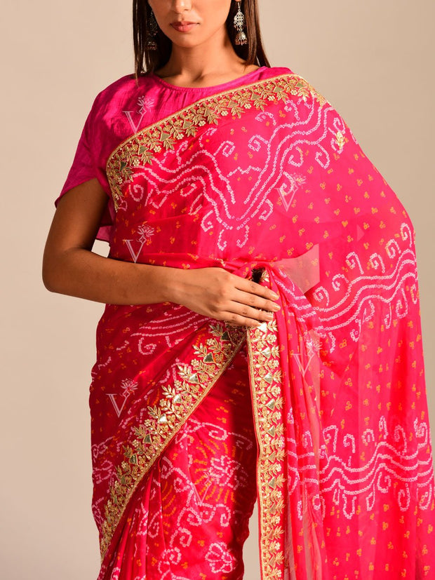 Rani Pink Bandhani Goergette Gota Patti Saree