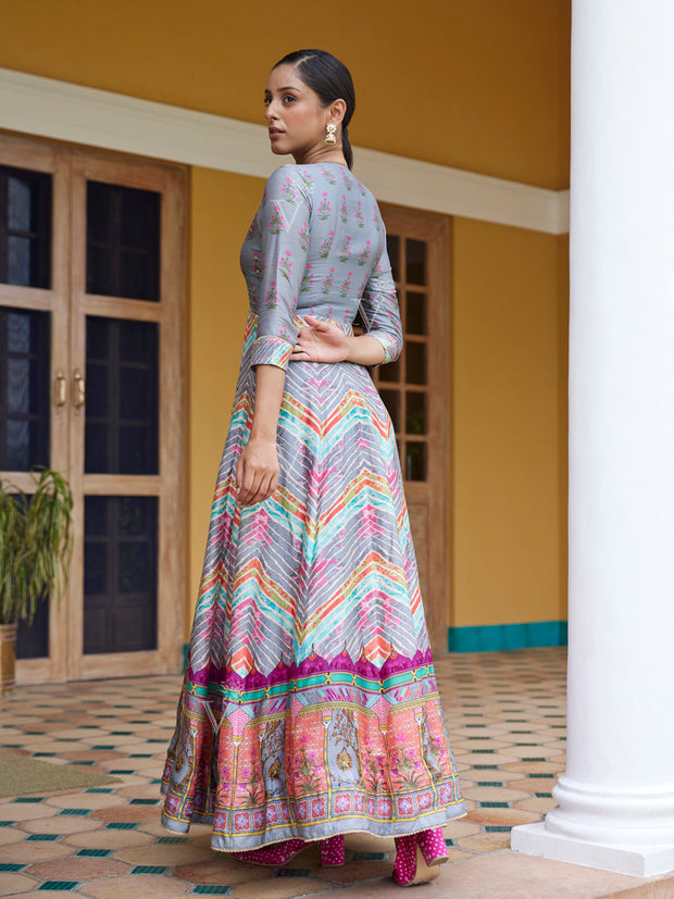 Grey Leheriya Vasansi Silk Anarkali Gown