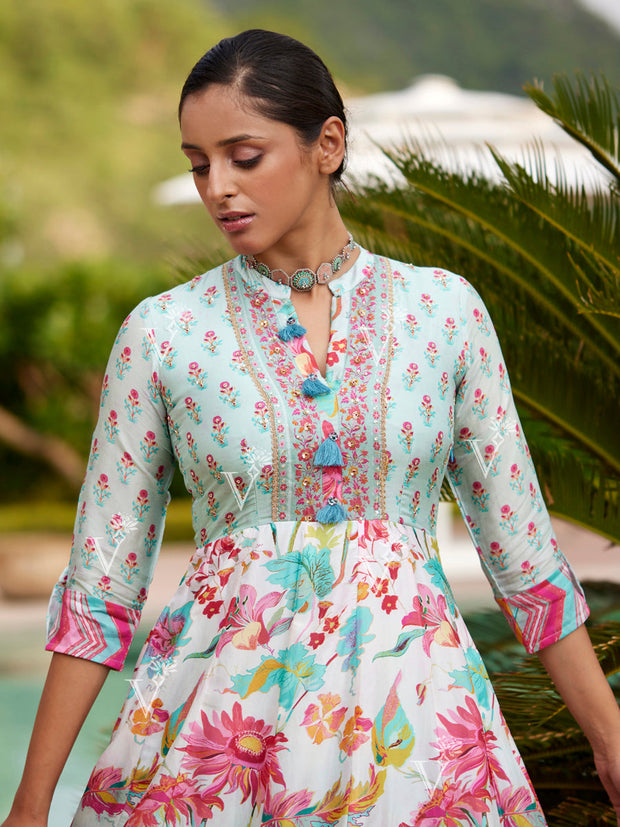 Baby Blue Vasansi Silk Leheriya Anarkali Gown