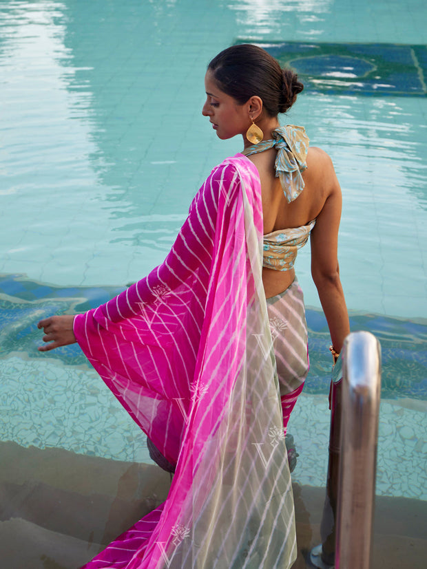 Pink and Green Shaded Leheriya Saree