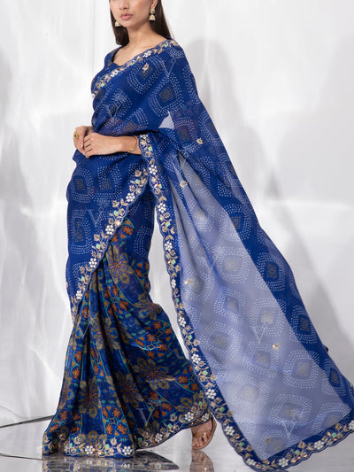 Blue Organza Bandhani Saree