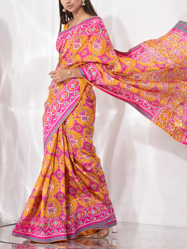 Mustard And Pink Vasansi Silk Patola Saree