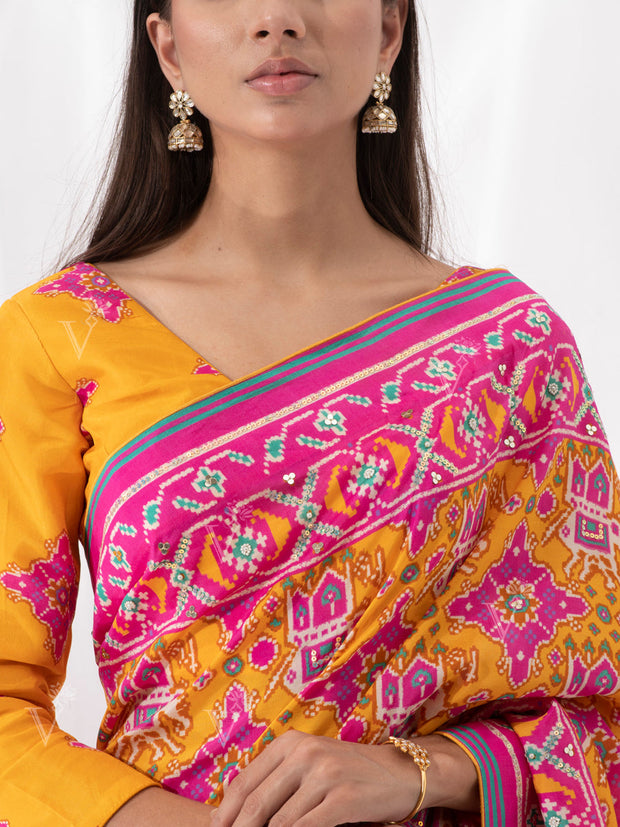 Mustard And Pink Vasansi Silk Patola Saree