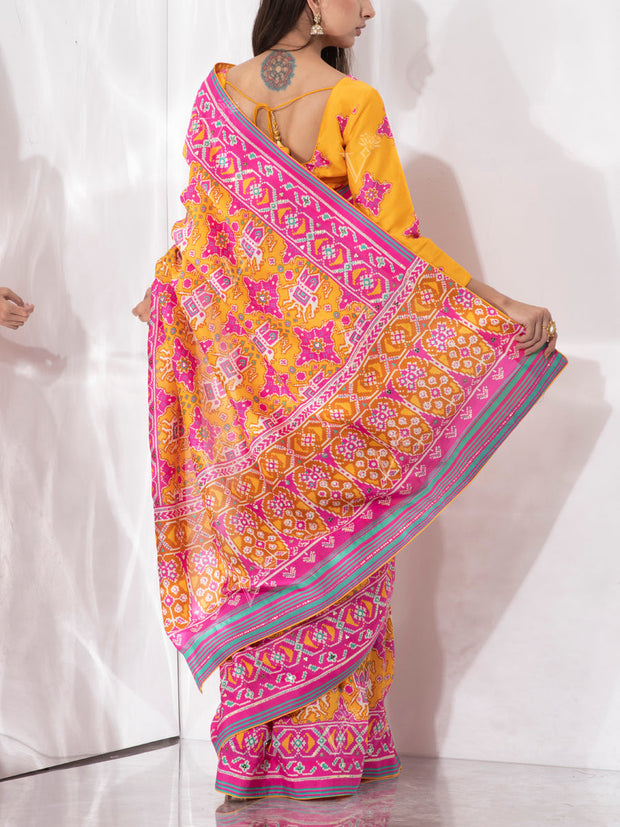 Mustard And Pink Vasansi Silk Patola Saree