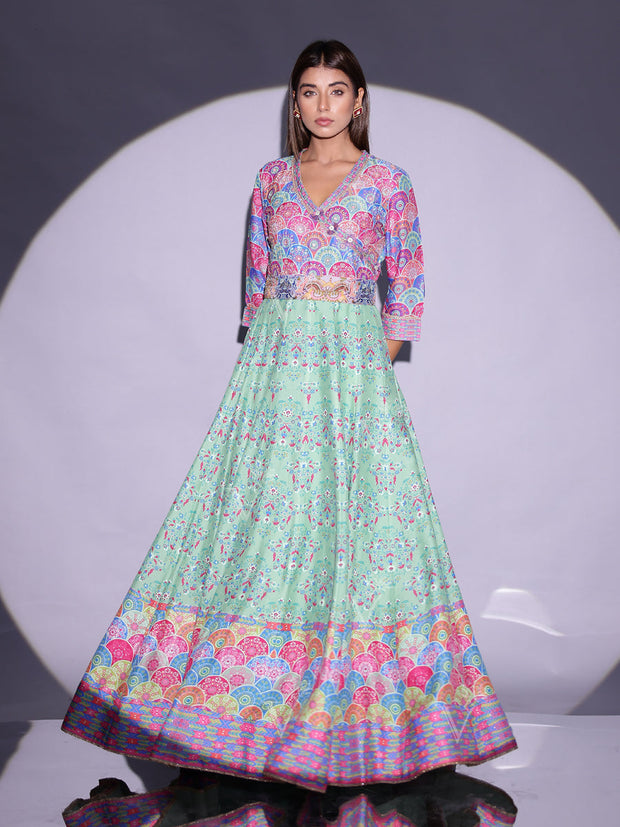 Tea Green Vasansi Silk Printed Anarkali Gown