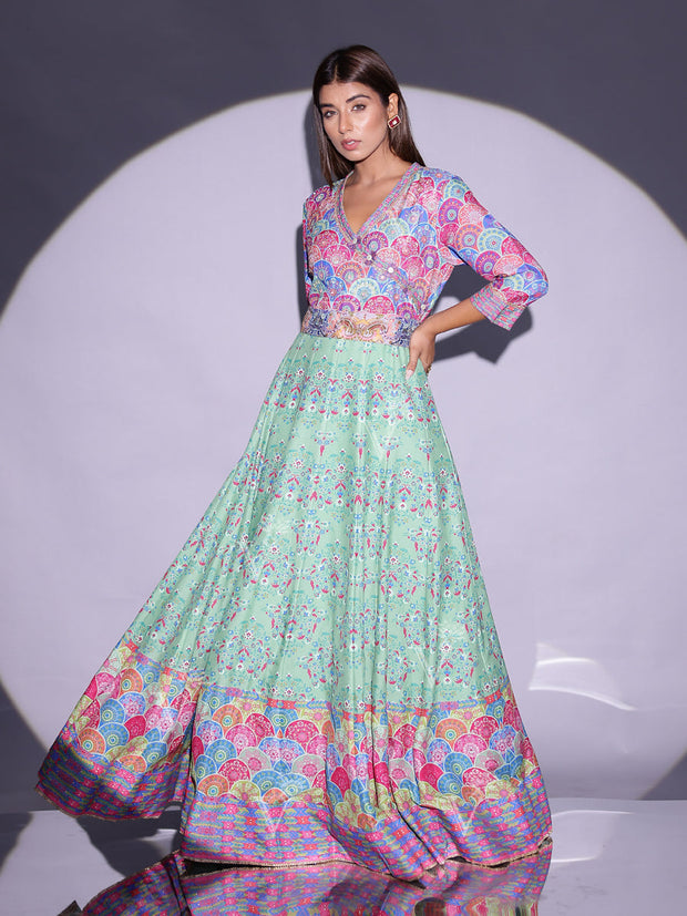 Tea Green Vasansi Silk Printed Anarkali Gown