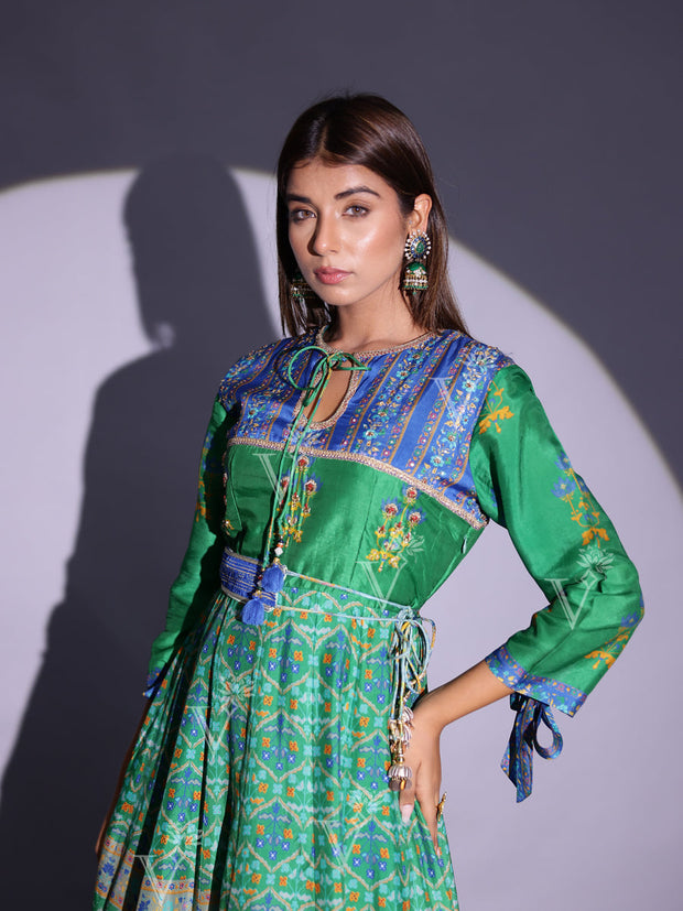 Peacock Green and Blue Vasansi Silk Printed Anarkali Gown