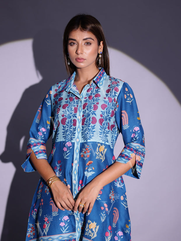 Cobalt Blue Vasansi Silk Floral Printed Co-ord Set