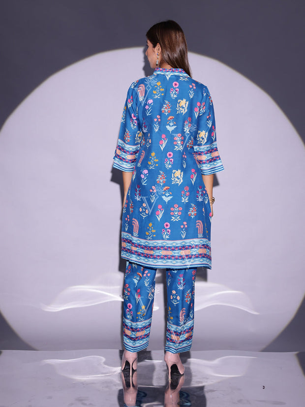 Cobalt Blue Vasansi Silk Floral Printed Co-ord Set