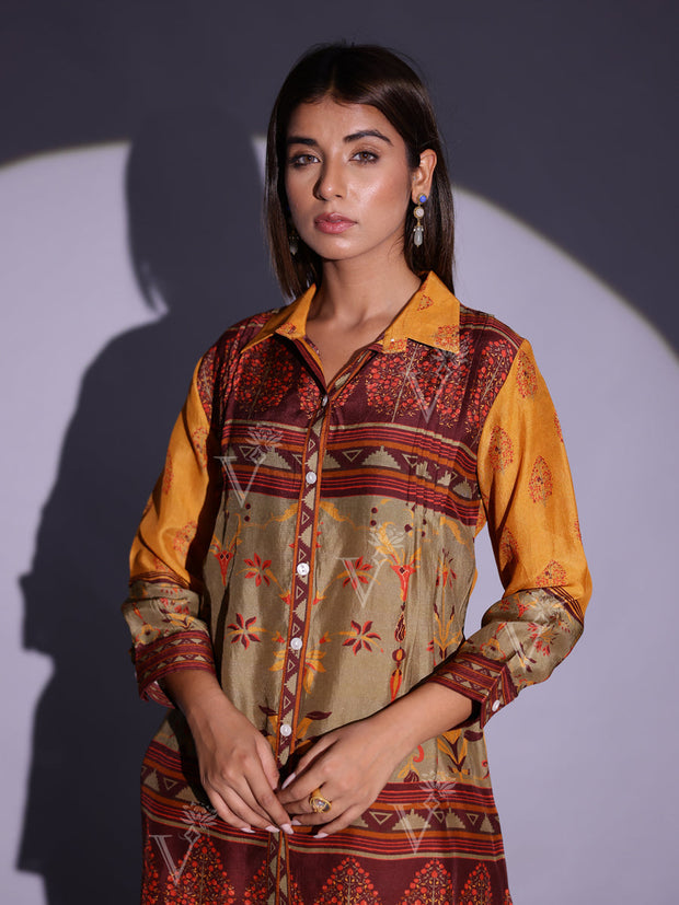 Brown and Yellow Vasansi Silk Co-ord Set