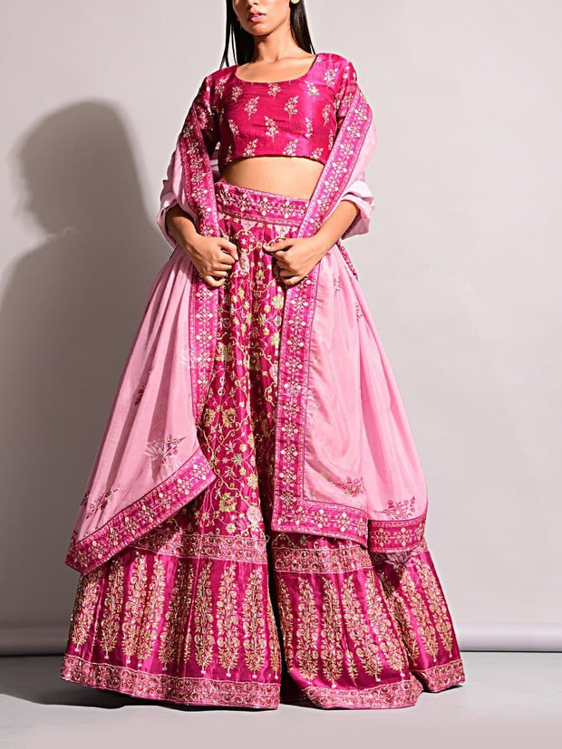 Pink Handcrafted Silk Lehenga Set